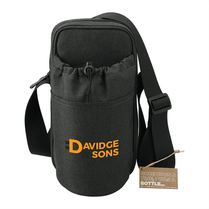 A drink bottle cooler in dark grey with an adjustable strap and a front pouch. It features a logo.