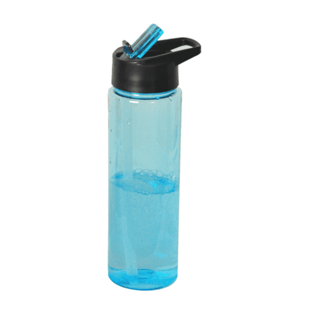 A drink bottle in clear blue plastic with a black lid and straw, containing water with bubbles.