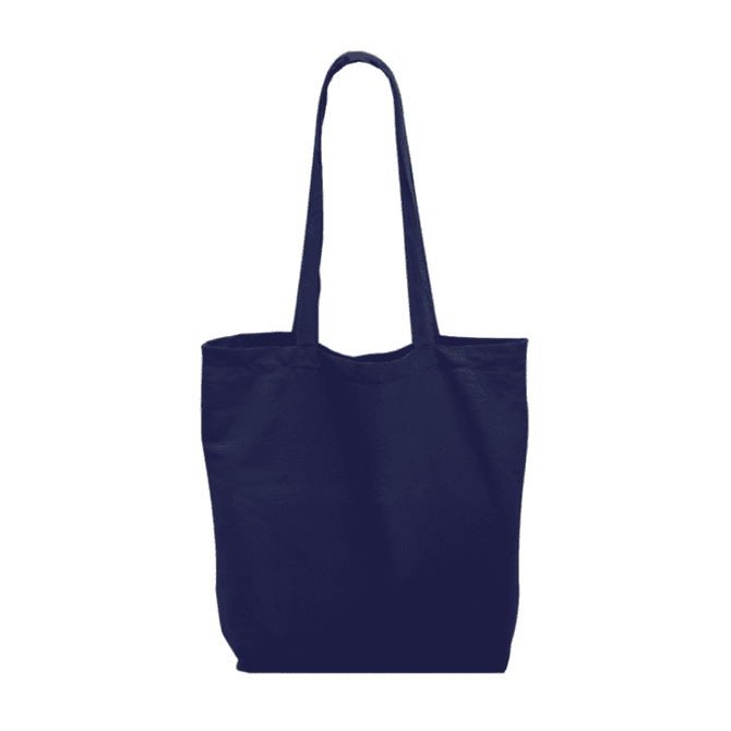 A navy blue tote bag with long handles and a spacious open top, featuring a simple design.