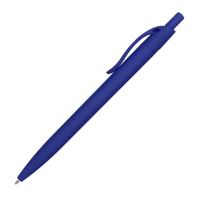 A blue plastic pen with a smooth finish and a clip for attachment. It features a logo on the barrel.