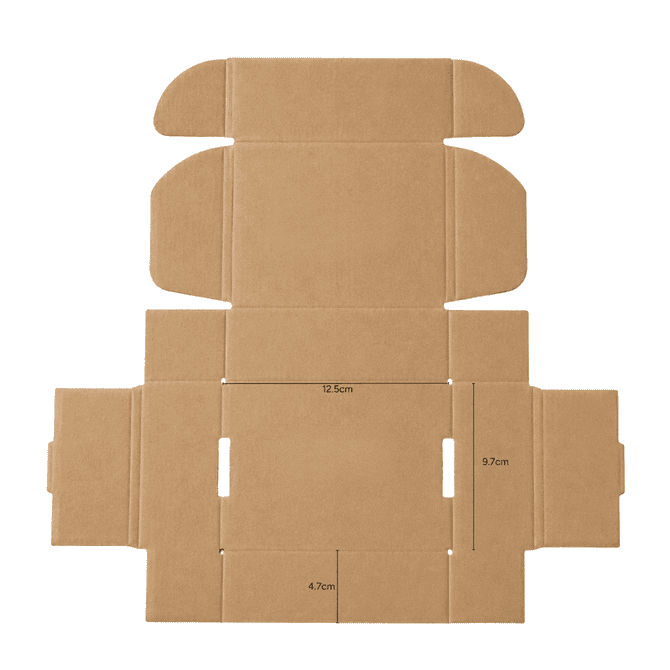 A brown cardboard die-cut packaging box with a locking lid, measuring 12.5×9.7×4.7 cm.