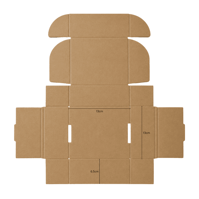 A die-cut packaging box in brown cardboard, measuring 13×13×6.5 cm, with a locking lid design.