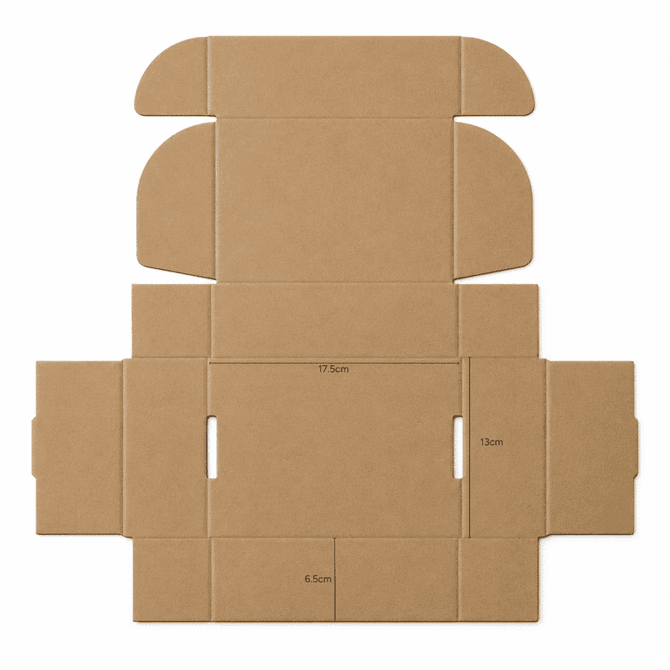 A die-cut packaging box in brown, featuring a locking lid and measured at 17.5×13×6.5 cm.