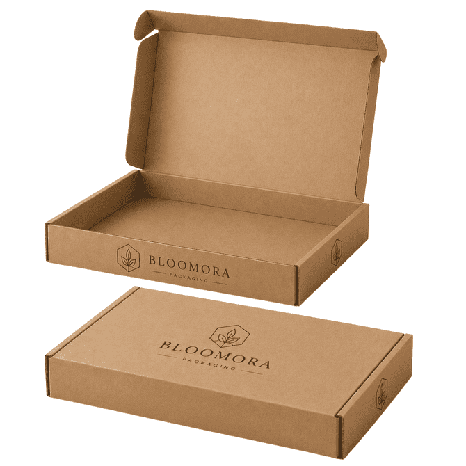 A brown die-cut packaging box with a locking lid, featuring an embossed logo on the surface.
