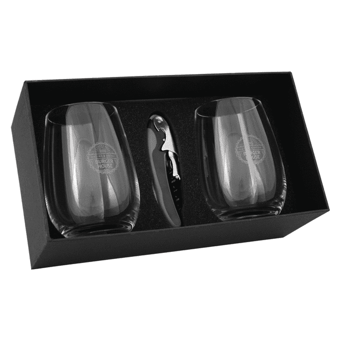 A wine glass set featuring two elegant black glasses and a corkscrew, presented in a stylish box.