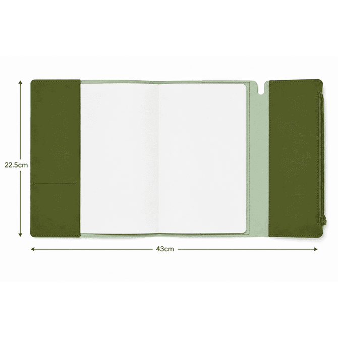 An olive green soft-touch PU leather notebook with an elastic closure, two inner pockets, and a zippered compartment.