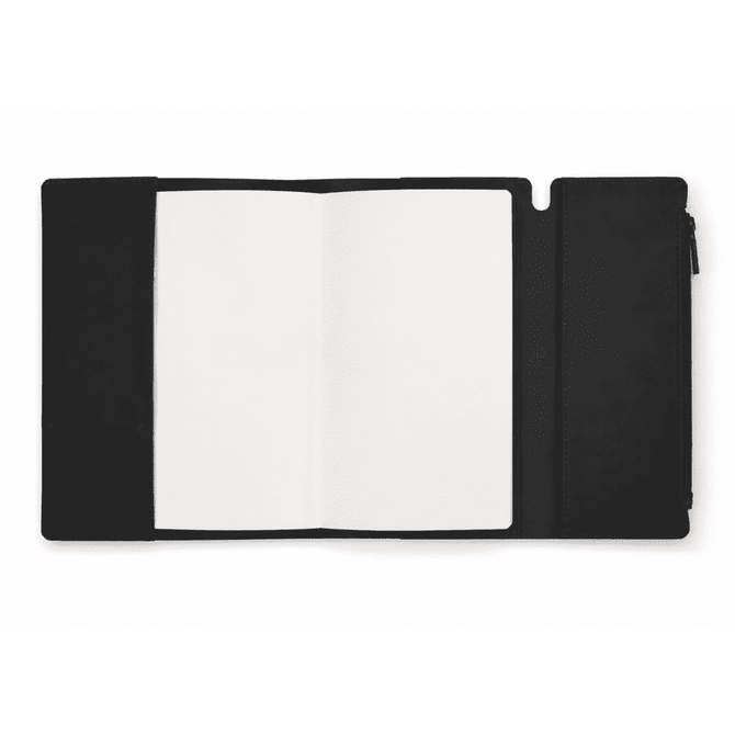 A black executive soft-touch PU leather notebook featuring a blank interior and a pocket for storing items.