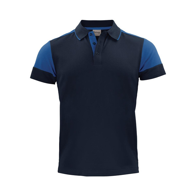 A navy blue polo shirt with blue sleeves and a collar, featuring a branding logo.