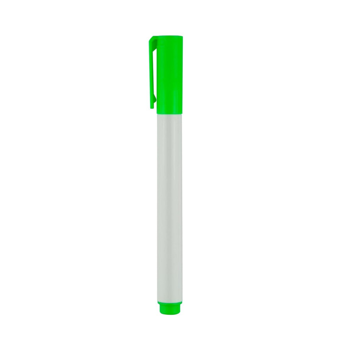 A whiteboard marker with a green cap and tip, featuring a white body. It has a clip for easy attachment.