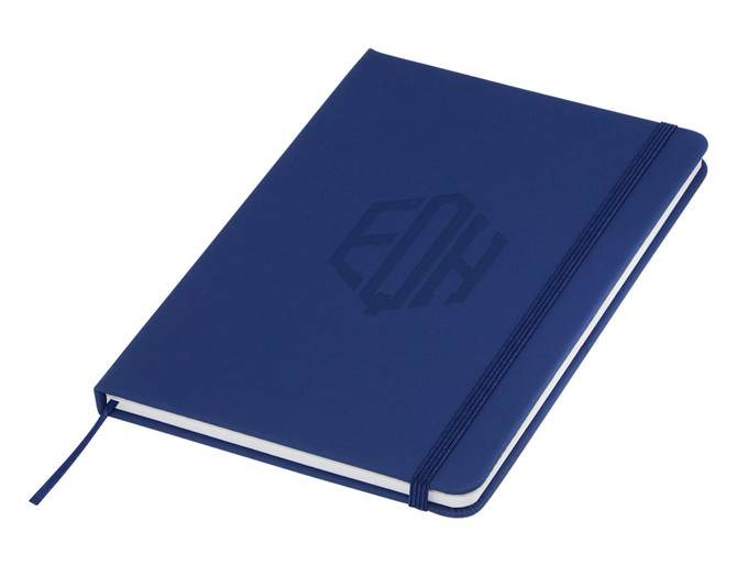 A navy blue A5 notebook with a textured cover and a matching elastic band closure.