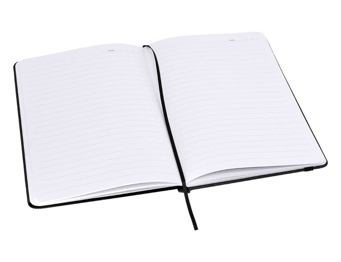 An A5 notebook with a black cover and blank lined pages, opened to display its interior.