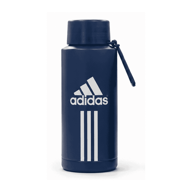 A drink bottle in navy blue featuring a white logo and three stripes design. It includes a secure cap with a handle.