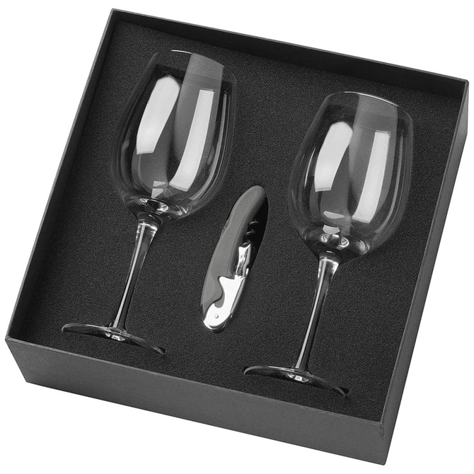 A wine glass set featuring two clear 430ml glasses and a corkscrew, presented in a sleek black box.