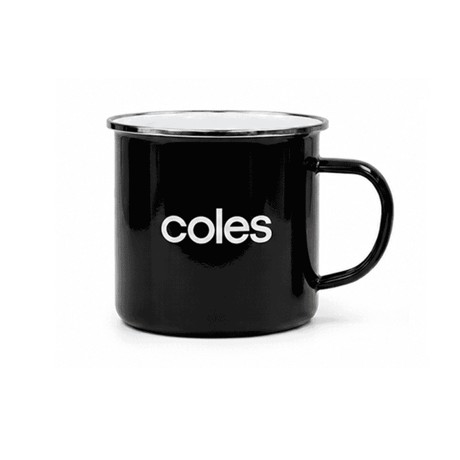 A black enamel mug with a silver rim and a branded logo. Simple, sturdy design with a handle.