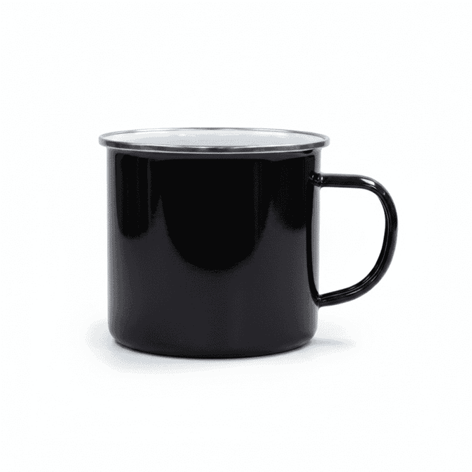 A black mug with a silver rim and a handle, featuring a polished finish and a circular opening.