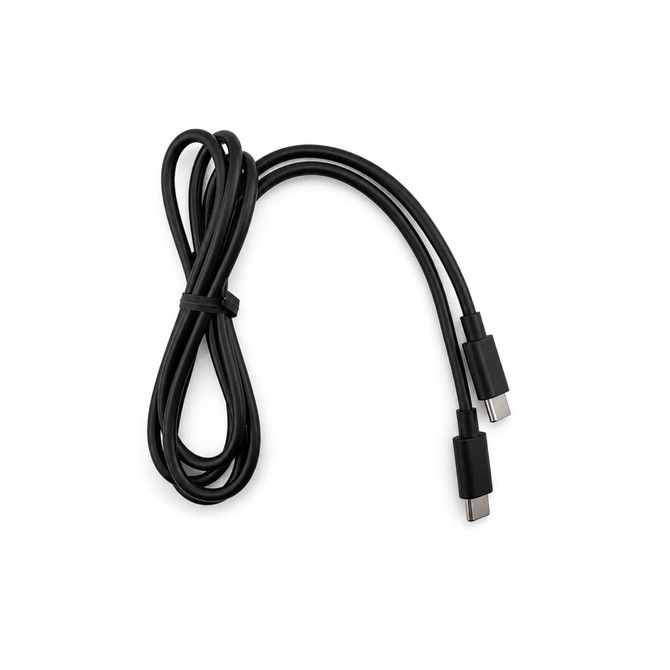 A black USB-C cable with two connectors, coiled and secured with a band.