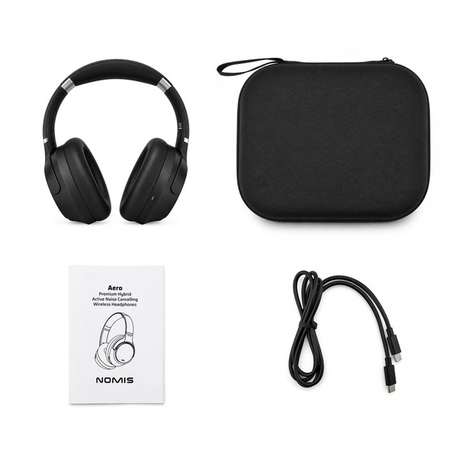 Black wireless headphones along with a carrying case, a user manual, and a charging cable.