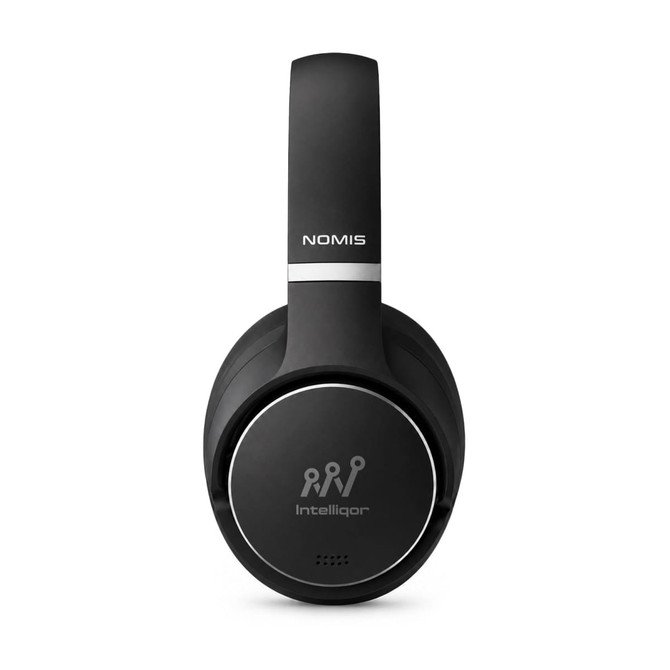 Black over-ear headphones with a circular design and a logo on the ear cup. Features a sleek, modern aesthetic.