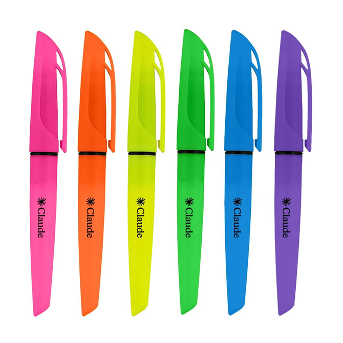 A set of highlighter pens in pink, orange, green, blue, and purple with a branding logo on each.