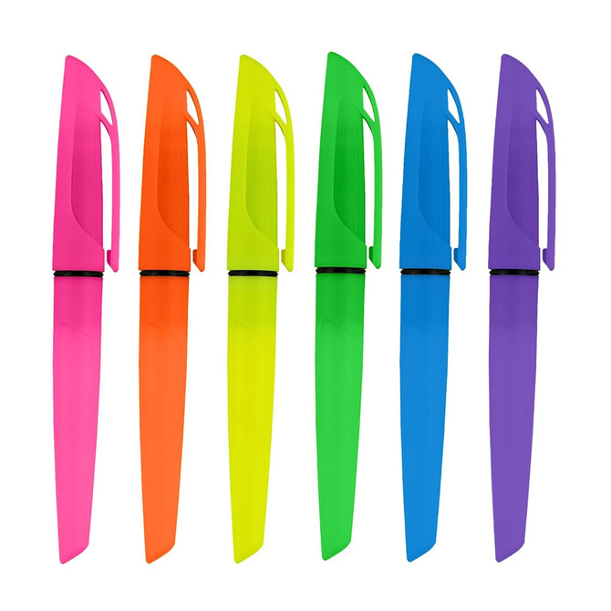 Six highlighters in bright colours: pink, yellow, green, and purple, each featuring a sleek, modern design and a branding logo.