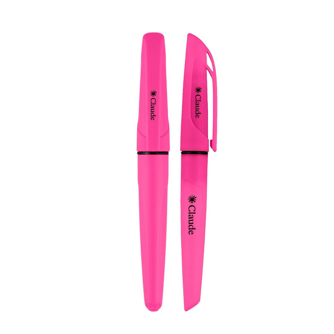 A pink highlighter pen with a cap and a branding logo. It features a sleek design with a black band.