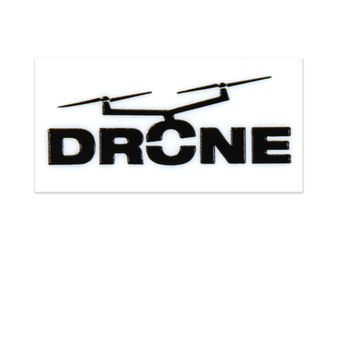 A black and white sticker featuring the word "DRONE" with a drone graphic above it.