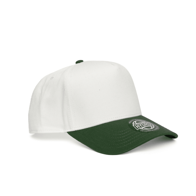 A white and green two-tone cap featuring a logo on the front. Suitable for headwear.