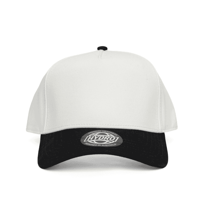A two-tone cap featuring a white crown and a black brim, with a logo on the front.