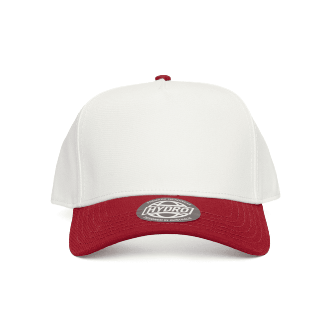 A two-tone cap featuring a white front and a red visor. The cap has a logo on the front panel.