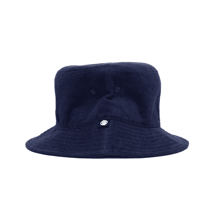 A navy terry bucket hat featuring a logo, designed for casual headwear with a wide brim.