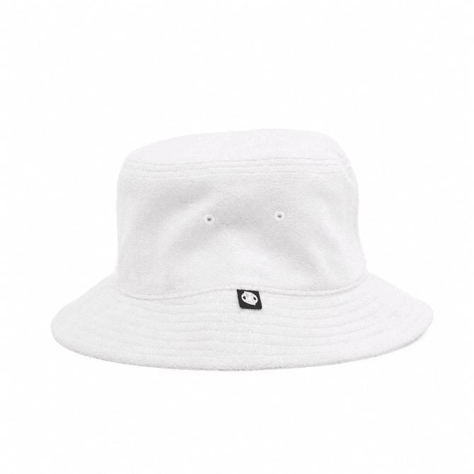 A white Terry Bucket Hat with a wide brim and a small logo on the front.