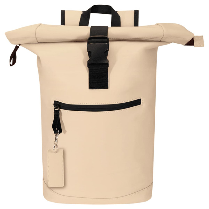 A beige roll-top backpack featuring a front zip pocket and a keychain attachment. It has a sturdy black strap.