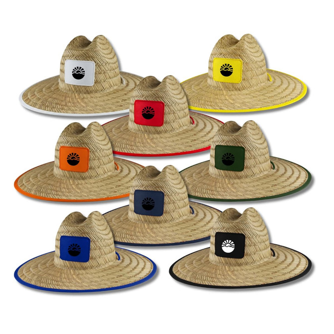A collection of straw hats in various colours, featuring a logo on the front, arranged in a grid pattern.