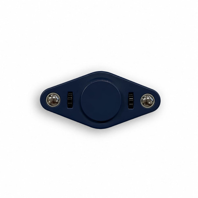 A navy blue fidget spinner with two silver balls and adjustable features. The design is sleek and modern.