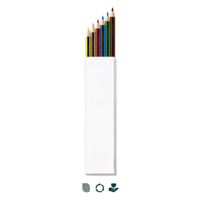 A box containing six assorted colouring pencils in shades of yellow, green, blue, and red, with a blank exterior.