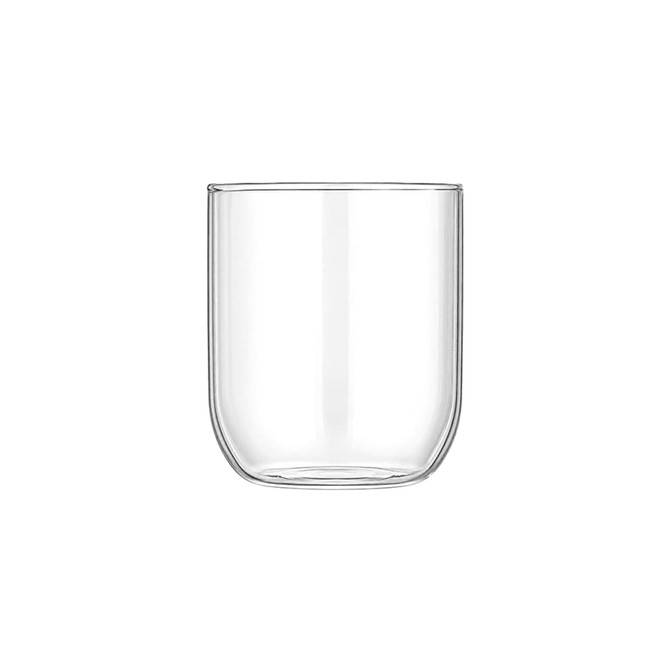 A drink bottle and cup set featuring clear glass, designed elegantly with a modern shape. Includes a logo.