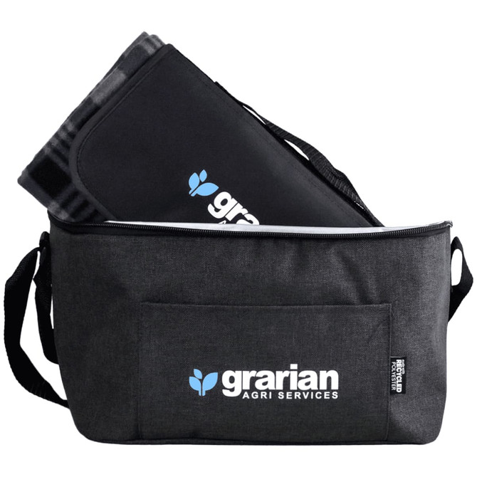 A dark grey outdoor pack with a black mat inside, featuring a logo on the side.