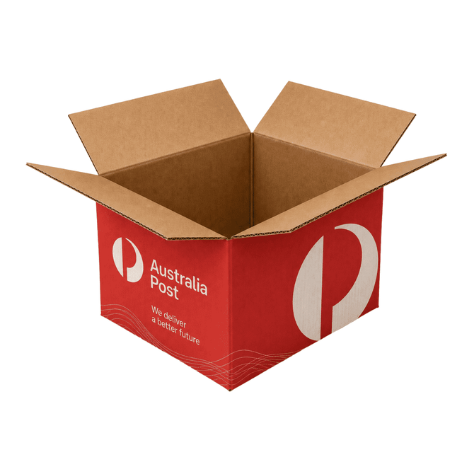 A red carton box, opened, featuring a white logo and branding, measuring 40 × 30 × 25 cm.