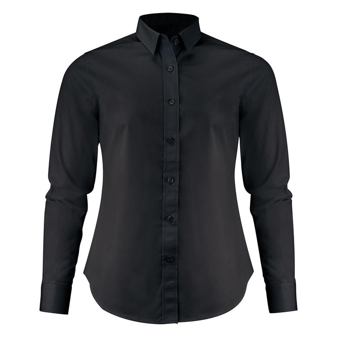 A black women's Acton shirt with long sleeves and a collared neckline, featuring a button-up front and a tailored fit.