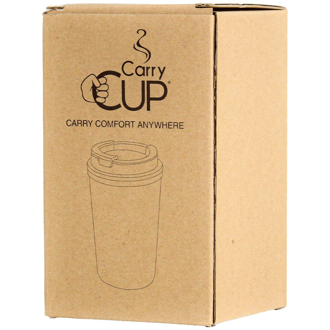 A drink bottle in a cardboard box, featuring a simple outline design and a logo. The design emphasises portability and comfort.