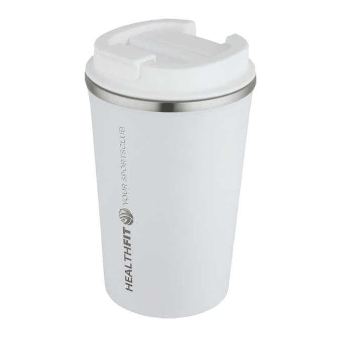 A drink bottle with a double wall design, featuring a white exterior, stainless steel rim, and a lid. Includes a logo.