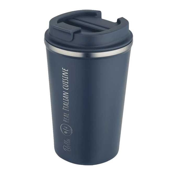 A drink bottle in navy blue with a stainless steel rim and a lid, featuring a logo design.