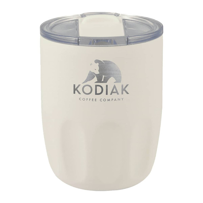 A drink bottle in cream with a transparent lid and a logo, designed for holding beverages.