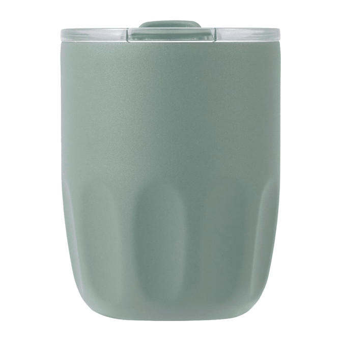 A drink bottle in a muted green colour with a transparent lid and a textured body. Features a logo. 