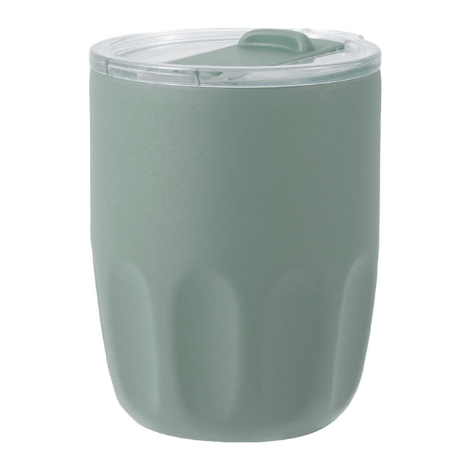 A drink bottle in soft green with a clear lid, featuring a curved design and a logo on its surface.