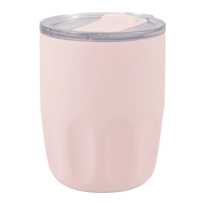 A pink vacuum coffee cup with a ceramic liner and a clear lid, featuring an integrated straw and a branding logo.