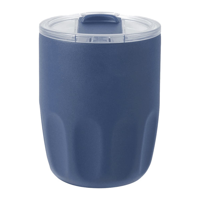 A drink bottle with a navy blue exterior and a clear lid, featuring a logo on the surface.
