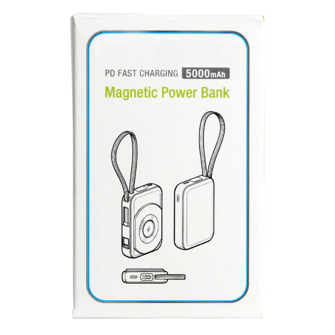 A magnetic power bank with a 5000mAh capacity, featuring a strap and a design in white. Includes branding elements.