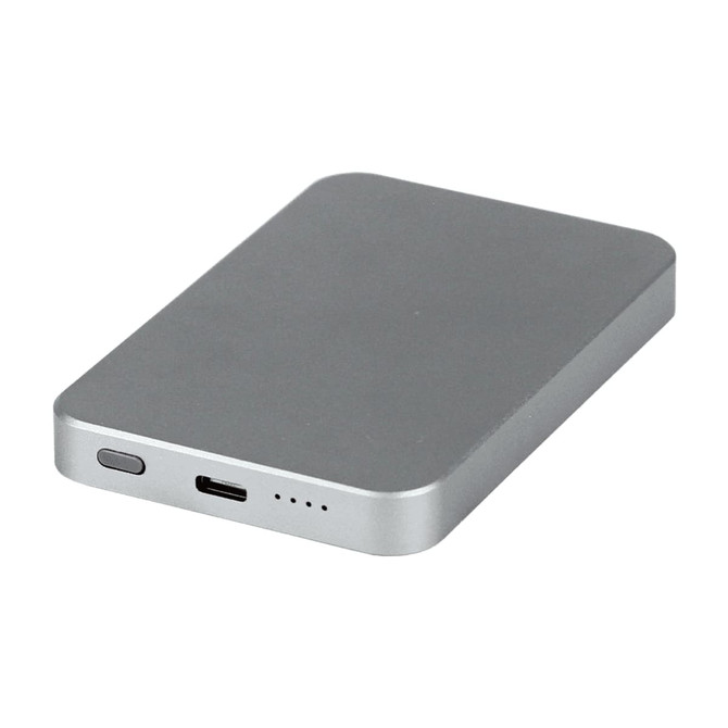 A silver power bank with a semi-solid state battery, featuring USB ports and an indicator light.