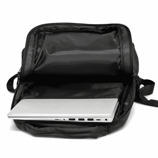 A black soft PU backpack with an open compartment featuring a silver laptop inside.